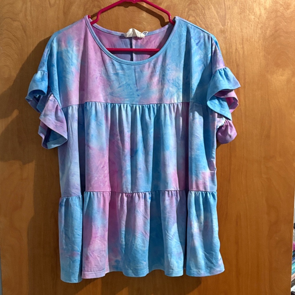 Vibrant Tie-Dye Ruffle Sleeve Blouse
